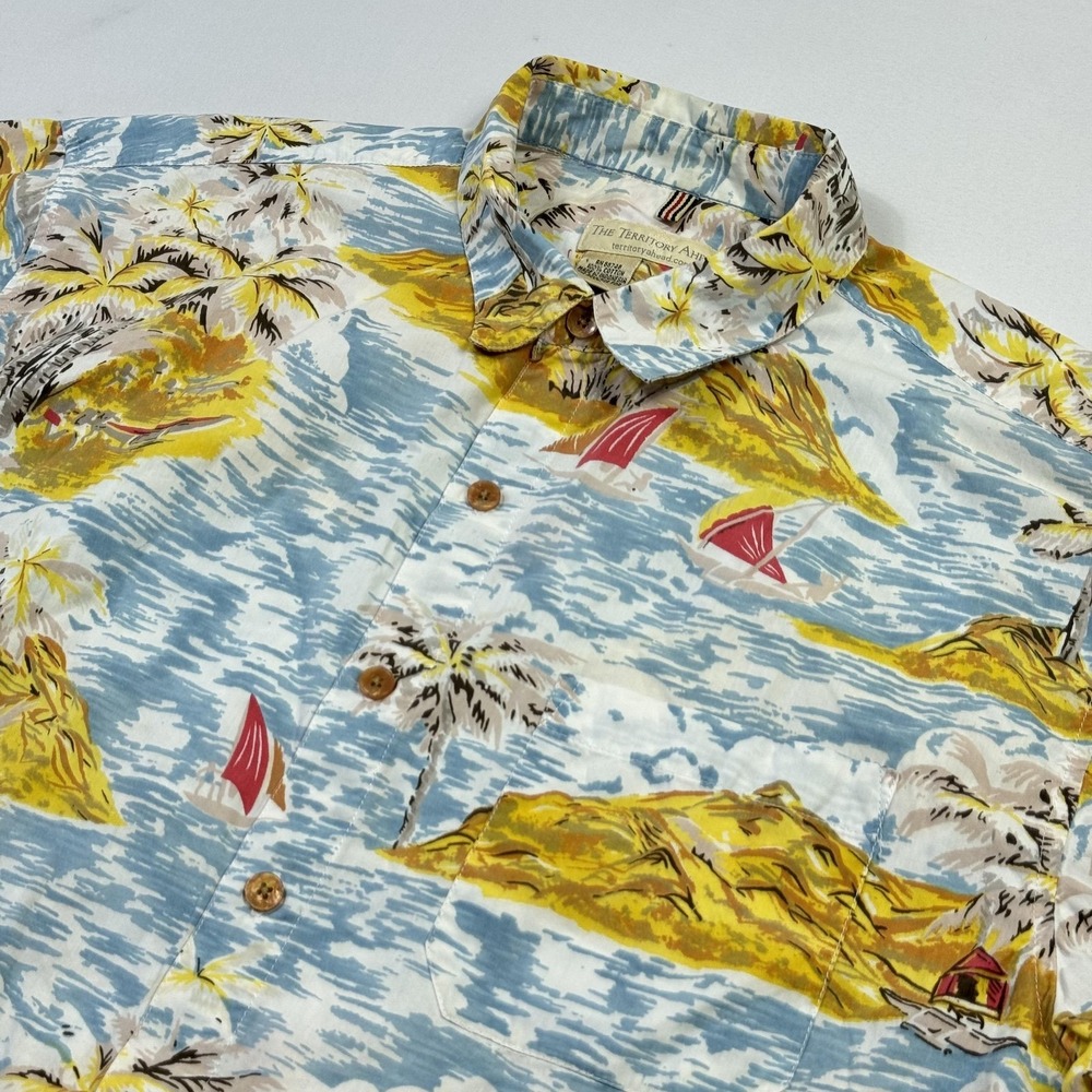 The Territory Ahead Shirt Mens Large‎ Blue Hawaiian Tropical Sailboat Cotton